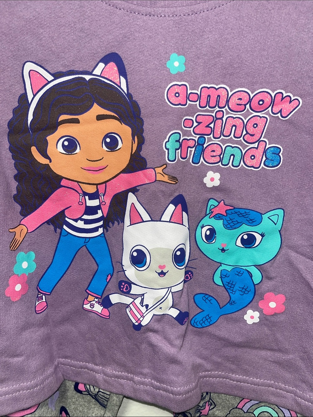 Dreamworks Purple Kids Pajama Set with Teal and Pink Cartoon Friends